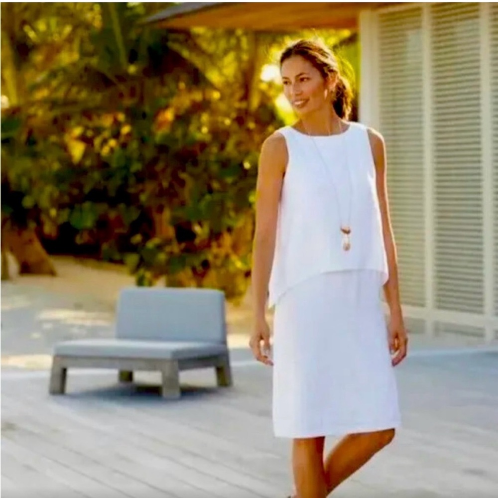 J.JILL PURE LINEN WHITE SCOOP NECK SLEEVELESS LAYERED DRESS SIZE (M)